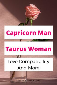 a pink rose in a vase with the caption capricorn man taurus woman love compability and more