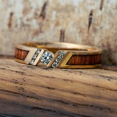 Unique Diamond Engagement Ring With Koa Wood Wood Rings Women Engagement, Masculine Womens Engagement Rings, Two Tone Engagement Ring And Wedding Band, Wooden Wedding Rings Womens, Wood Engagement Ring Women, Engagement Rings Gender Neutral, Masculine Wedding Bands For Women, Inlay Engagement Ring, Mens Wedding Ring With Stone