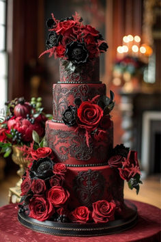 a three tiered cake with red and black flowers