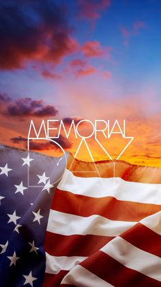 an american flag with the word memorial day written in white on it, against a sunset background