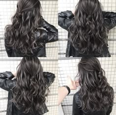 Long Hair Babylights, Highlight Hair Color Grey, Black Hair With Gray Highlights, Micro Highlights On Dark Hair, Ashy Babylights On Dark Hair, Black Hair Colors, Ash Blonde Highlights On Dark Hair, Ash Highlights, Ash Blonde Hair Balayage