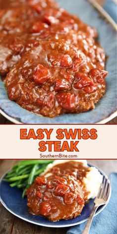 easy swiss steak with tomato sauce and mashed potatoes is the perfect meal to enjoy