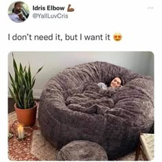 a woman laying in a giant bean bag chair next to a potted plant on the floor