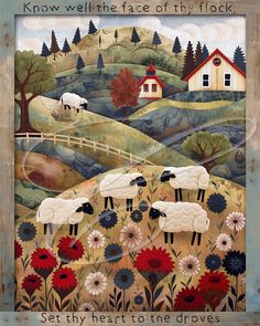 a painting of sheep grazing in a field