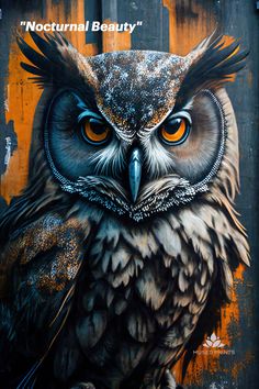 an owl painted on the side of a wooden door with words written below it that read, nocturnal beauty