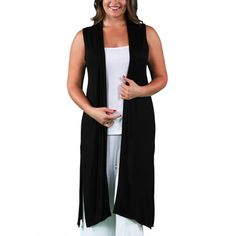 This sleeveless plus size cardigan vest is an easy way to dress up any simple look! Featuring an open front, extra long hemline, and comfortable material. This long maternity vest is a stylish layering piece and a wardrobe essential. Size: 2X.  Color: Black.  Gender: female.  Age Group: adult. Sleeveless Sweater Outfit, Long Sleeveless Sweater, Long Sweater Outfits, Knee Length Cardigan, Cardigan Vest Sleeveless, Long Sleeveless Cardigan, Long Shrug, Plus Size Cardigan, Shrug Cardigan