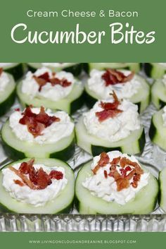 cucumber bites with cream cheese and bacon on top are ready to be eaten