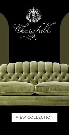 a green couch sitting in front of a black background with the words castle fields made in england since 1800