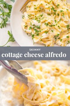 a plate of cottage cheese alfredo with a fork in it