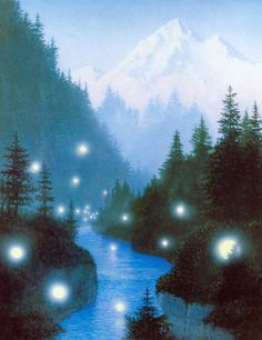 there is a painting with many lights in the sky and trees on the river bank