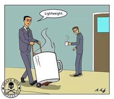 a cartoon depicting a man pulling a suitcase with a coffee cup on it and another man holding a mug