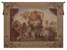 an ornate tapestry with flowers and vases on it