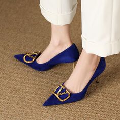 Looking for a pair of show-stopping pumps? Look no further than these royal blue beauties! Made from lush suede. they boast a pointed toe and gold metal details. They're perfect for adding a touch of glamour to any outfit. Whether you're hitting the town or attending a black-tie event. these pumps will have you looking and feeling like a million bucks. So go ahead and treat yourself â€?you deserve it! Upper: Suede Lining: Leather Outsole: TPR Toe: Pointed Toe Closure: Slip on Heel: 8.5cm/3.3'' C Gold Suede Pointed Toe Heels, Chic Royal Blue Pointed Toe Heels, Gold Suede High Heels, Gold Suede Heels For Party, Royal Blue Pointed Toe Heels For Evening, Royal Blue Pumps, Sets Outfit, Wardrobe Sets, Closed Toe Heels