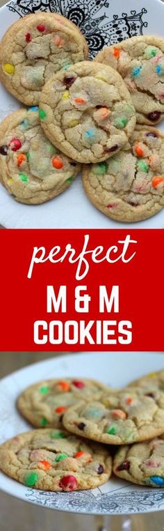 the perfect m & m cookies on a white plate