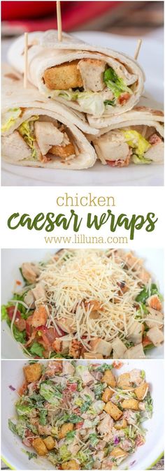 chicken caesar wraps with cheese, lettuce and other toppings on them are ready to be eaten