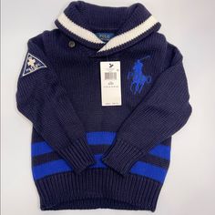 Nwt. No Damage. Navy Cotton Polo Sweater For Winter, Blue Cotton Polo Sweater With Ribbed Cuffs, Blue Long Sleeve Polo Sweater With Ribbed Collar, Navy Knitted Winter Tops, Navy Knitted Long Sleeve Top, Blue Top With Ribbed Collar For Winter, Ralph Lauren Quarter Zip, Kids Plaid, Navy Blue Hoodie