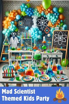 A colourful Mad Scientist-themed kids' party setup, with laboratory beakers filled with colourful 'chemicals,' bubbling test tubes, and scientific decor elements like chalkboards and periodic table posters, inspiring curiosity and fun experiments. Scientist Themed Birthday Party, Mad Science Lab Trunk Or Treat, Mad Scientist Decorations, Mad Scientist Trunk Or Treat, Scientist Party Decorations, Mad Scientist Party Ideas, Wacky Science, Mad Scientist Birthday Party, Pharmacy Week