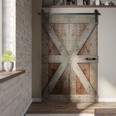 an open wooden door in front of a brick wall with shelves on either side and a potted plant next to it