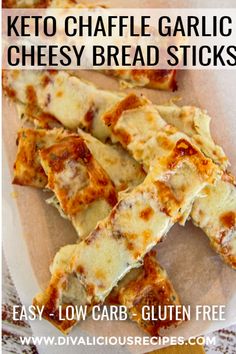 keto cheese garlic cheesy bread sticks on a plate with text overlay