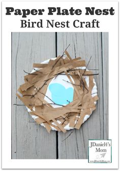 a paper plate nest craft with the words bird nest craft on it and an image of a