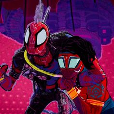 spider - man and black widow are in front of a purple background with bright lights