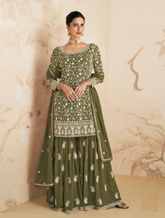 Olive Green Embroidered Faux Georgette Palazzo Suit Sharara Indian Pakistani Green Sharara Suit, Green Sharara, Suits For Women Indian, Olive Green Suit, Georgette Anarkali Suits, Suit Combinations, Bridesmaid Saree