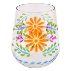 a colorful glass with flowers painted on it