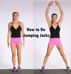 two pictures of a woman doing jumping jacks