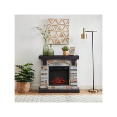 a living room with a fire place and potted plants