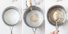 the process of making oatmeal is shown in three different pictures, including milk and sugar