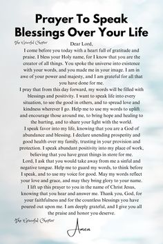 a prayer card with the words, prayer to speak blessing over your life