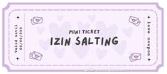 a ticket for an event with hearts and envelopes on the front, in purple