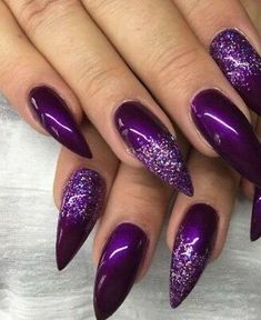 2 Tone Purple Nails, Dark Purple Glam Nails, Dark Purple Nails With Glitter, Purple Almond Nails Design, Deep Purple Nails Design, Purple Witchy Nails, Nike Nails, Purple And Silver Nails, Glitter Fade Nails