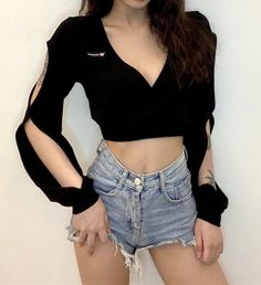 Sexy+Punk+Hollow+Cut+V-neck+Long+Sleeves+Crop+Tops+Y2K+90s+Streetwear+Party+Barclub+Dance+Amazing Measurement+ Size+(cm)：S-M-L Shoulder：35-36-37 Waist：61-62-63 Sleeve：64-68-72 Length：37-38-39 Color：Black NOTE： Please+write+down+your+shipping+address+and+order's+color,+size+or+other... Crop Tops Y2k, Cropped Outfits, Fire Element, 90s Streetwear, Crop Top Shirts, Fashion Streetwear, Y2k 90s, Online Fashion Stores, Black Crop Tops