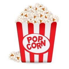 a red and white striped popcorn bucket with the word pop corn on it's side