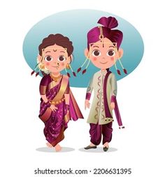 Maharashtrian Wedding Couple, Hindu Wedding Caricature, Indian Wedding Clipart, Wedding Couple Vector, Couple Vector Illustration, Couple Illustrations, Maharashtrian Wedding, Marathi Saree, Couples Doodles