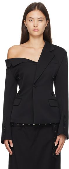 Black Asymmetric Collar Blazer by Rokh on Sale Chic Asymmetrical Semi-formal Blazer, Semi-formal Asymmetrical Chic Blazer, Asymmetrical Business Blazer For Fall, Spring Asymmetrical Business Blazer, Asymmetrical Spring Business Blazer, Asymmetrical Blazer For Business In Spring, Asymmetrical Single Breasted Outerwear For Office, Chic Asymmetrical Blazer For Office, Asymmetrical Single-breasted Outerwear For Work