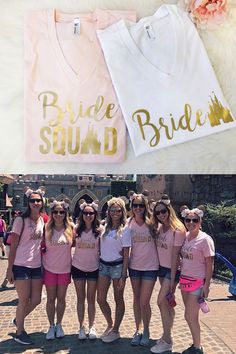 the bride squad is wearing pink and gold shirts