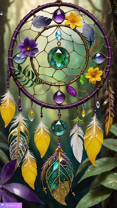 a painting of a dream catcher with flowers and leaves on it's side, in the woods