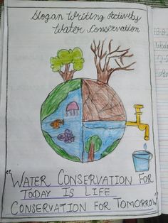 a drawing on paper with words about water conservation and trees in the shape of a globe