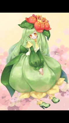 a girl with green hair and flowers on her head is standing in front of pink flowers