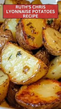 a white plate topped with cooked potatoes covered in seasoning next to text that reads ruth's christs lynnase potatoes recipe