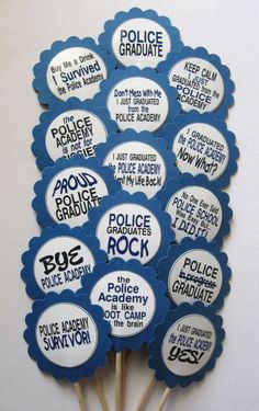 a bunch of badges that say police rock and the words police grad on them