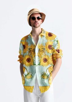 Elevate your style with our soft, breathable cotton shirt featuring Van Gogh's radiant Sunflowers. This comfortable, wearable masterpiece seamlessly merges art and fashion, perfect for any occasion. College Project, Van Gogh Style, Sunflower Shirt, Art And Fashion, Mens Oxfords, Van Gogh, Cotton Shirt, Labour Day, Button Downs