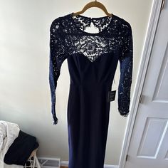 New With Tags, Pretty Just Not My Style! Fits Very Nice Navy Fitted Maxi Dress For Party, Navy Long Sleeve Midi Dress For Party, Navy Long Sleeve Fitted Maxi Dress, Navy Fitted Long Sleeve Maxi Dress, Fitted Long Sleeve Navy Maxi Dress, Fitted Navy Long Sleeve Maxi Dress, Silver Long Sleeve Dress, White Crochet Dress, Wrap Sweater Dress