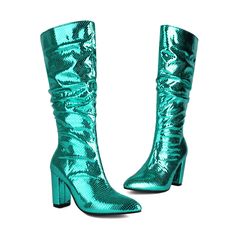 Shop Cyan Green Metallic Slouchy Boots Chunky Heels Snake Printed Knee High Boots color Green for Anniversary, Dancing Club, Date, Going out with worldwide Free shipping & Free return. Trendy Party Heeled Boots With Stacked Heel, Glamorous Knee-high Spring Boots, Trendy Party Knee-high Boots With Round Toe, Green High Heel Boots For Winter, Trendy Knee-high Boots With Round Toe For Party, Trendy Knee-high Party Heels, Green High Heel Boots For Fall, Trendy Round Toe Knee-high Boots For Party, Trendy Green High Ankle Heeled Boots