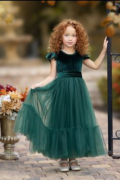 Velvet Girls Dress- Kids Flower Girl Dress or Holiday Dress Green Tulle Skirt, Kids Flower Girl Dresses, Junior Bridesmaids, Velvet Flower, Tulle Flower Girl Dress, Green Tulle, Tulle Flower Girl, Tulle Flowers, Velvet Flowers