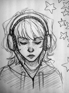 a drawing of a girl wearing headphones with stars around her neck and eyes closed