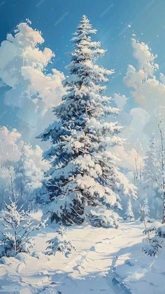 a painting of a snow covered pine tree in the middle of a snowy landscape with white fluffy clouds