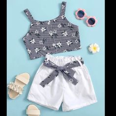 New Size 4-5 Y Set Includes Cami, Shorts And Belt Cute White Vacation Sets, White Shorts For Spring Playwear, White Shorts For Playwear In Spring, White Summer Playwear Set, White Summer Playwear Shorts, Kids Birthday Dresses, Girls Floral Dress, Girls Stripes